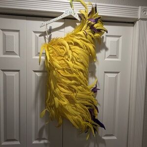 One-Shoulder Feather Cocktail Dress in Yellow with Purple Accents